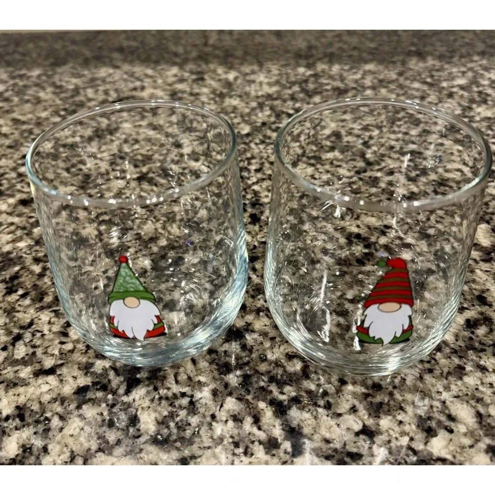 Set of 2 Libbey Glass Christmas Gnomes Stemless Wine Glasses 16.8oz Holiday Fest
